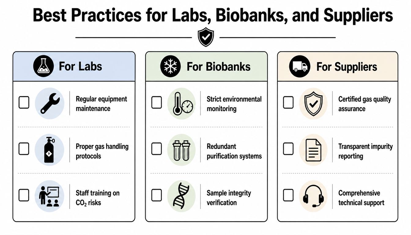 An infographic titled Best Practices for Labs, Biobanks, and Suppliers, detailing safety and operational guidelines.