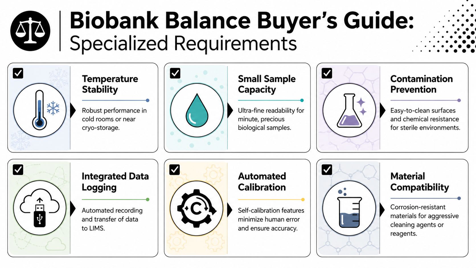 An infographic titled Biobank Balance Buyer's Guide, highlighting six essential features for selecting specialized laboratory analytical balances.