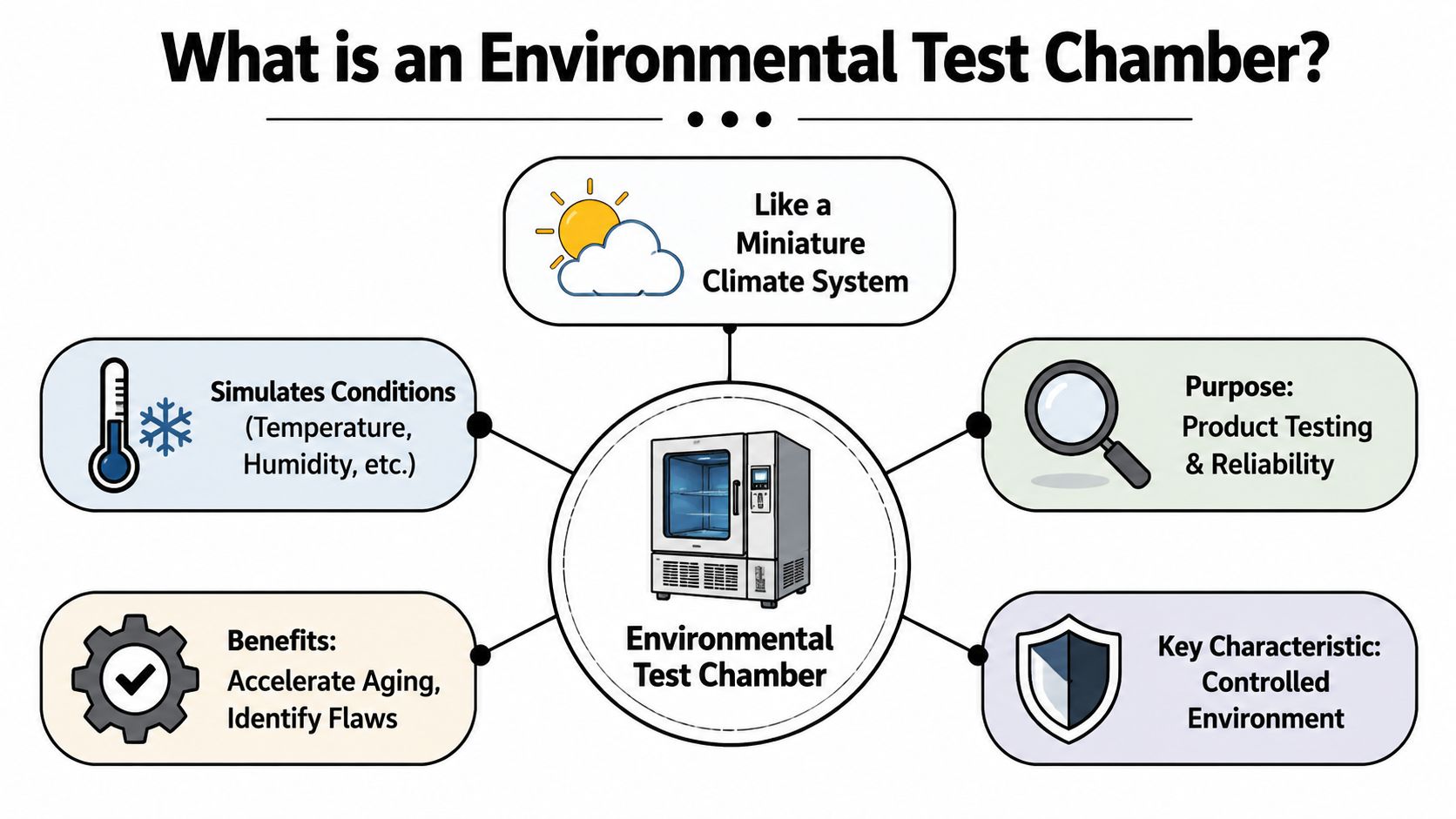An infographic explaining an environmental test chamber, showing it is a controlled system for product testing.