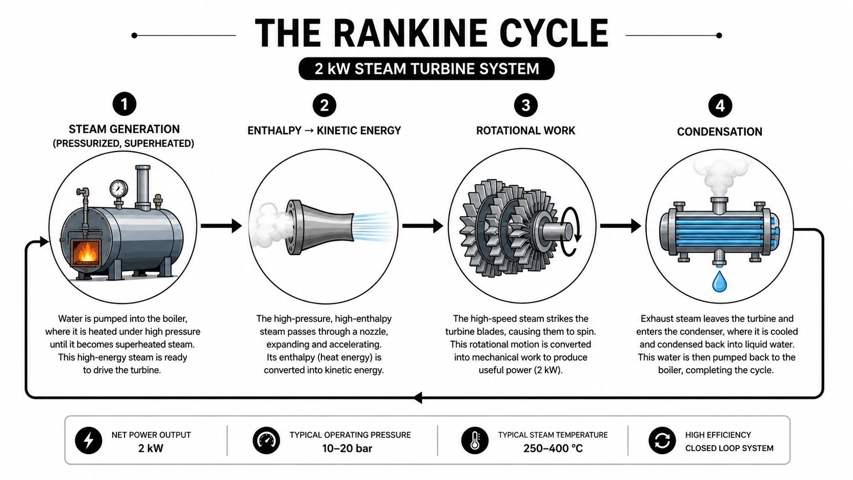 A diagram illustrating the four-step Rankine cycle of a 2 kW steam turbine system.