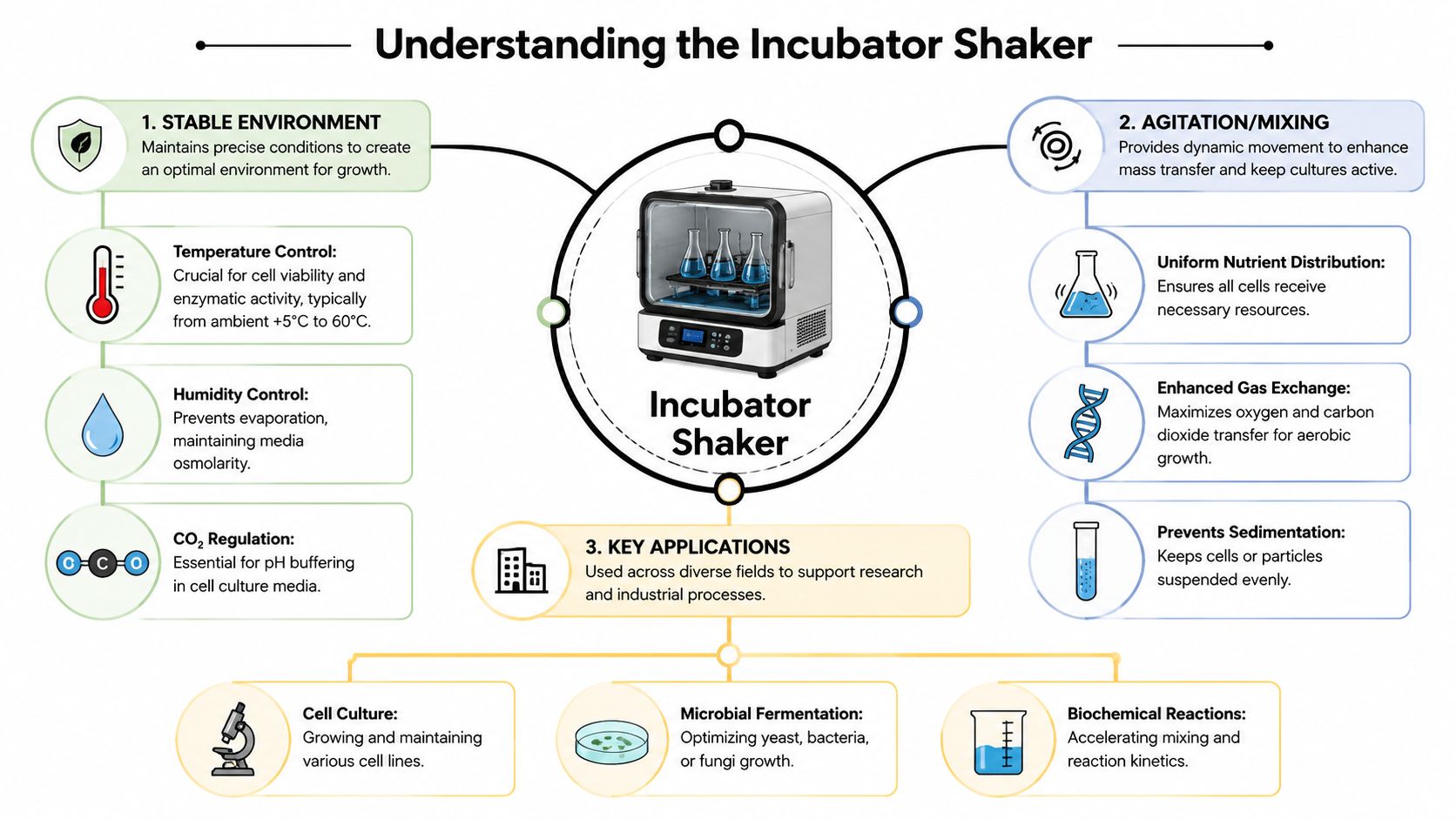 An infographic detailing the functions, benefits, and applications of a laboratory incubator shaker device for research.