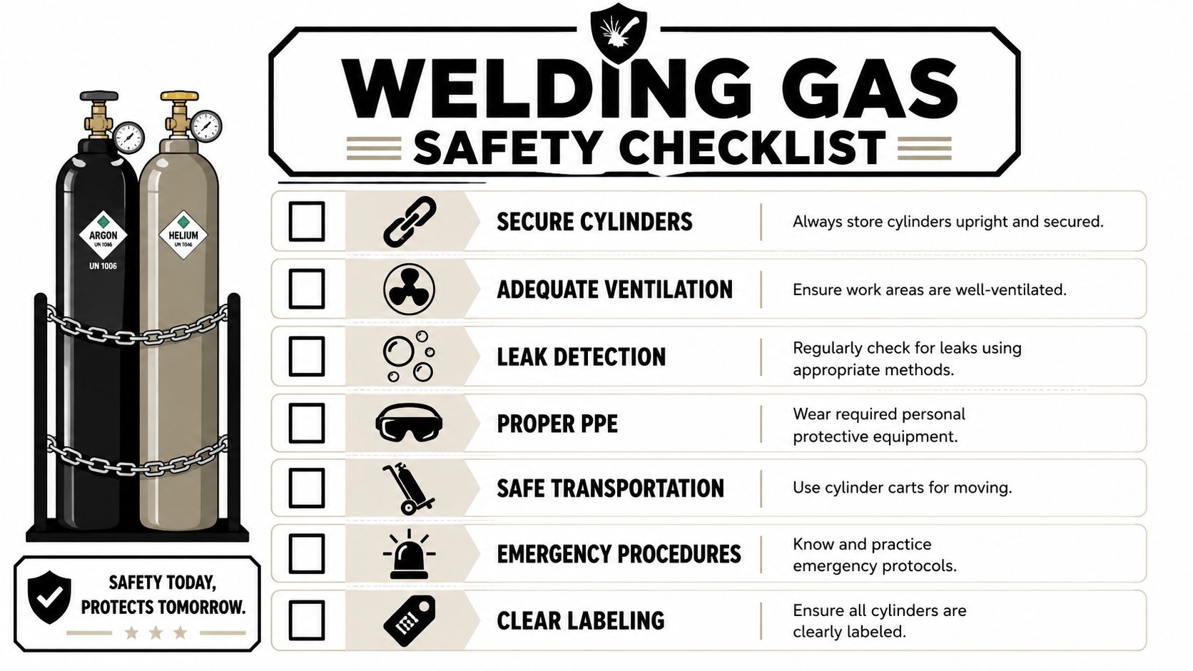A welding gas safety checklist infographic illustrating important storage and handling procedures for gas cylinders.