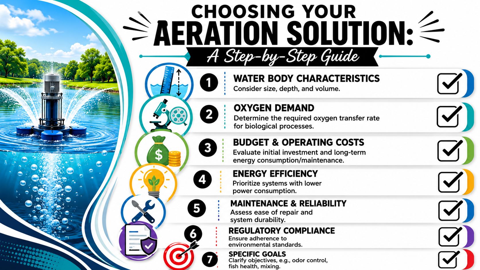 An infographic titled Choosing Your Aeration Solution listing seven steps for selecting the best water aeration system.