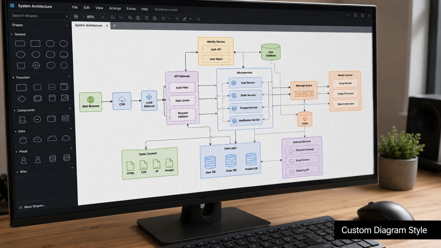 A computer monitor displaying a complex software system architecture diagram on a drawing software interface.