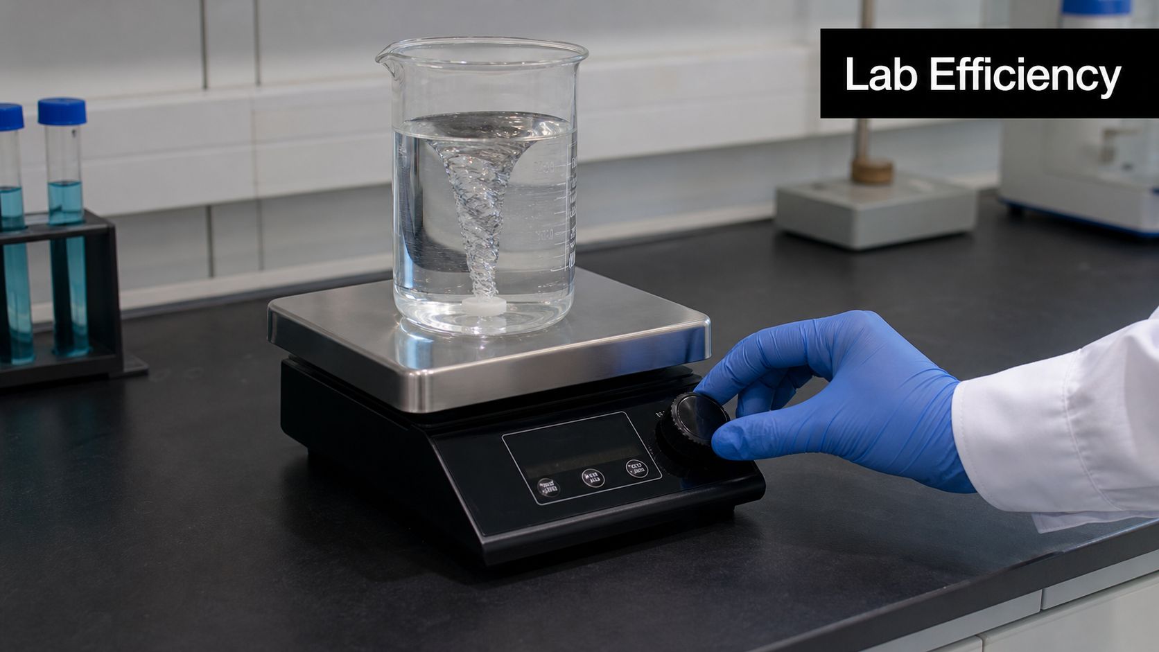 A gloved hand adjusts the knob on a laboratory magnetic hotplate stirrer creating a water vortex.