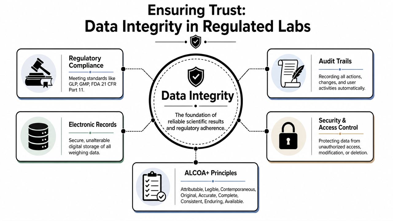 A diagram illustrating the core pillars of data integrity within a highly regulated laboratory environment.