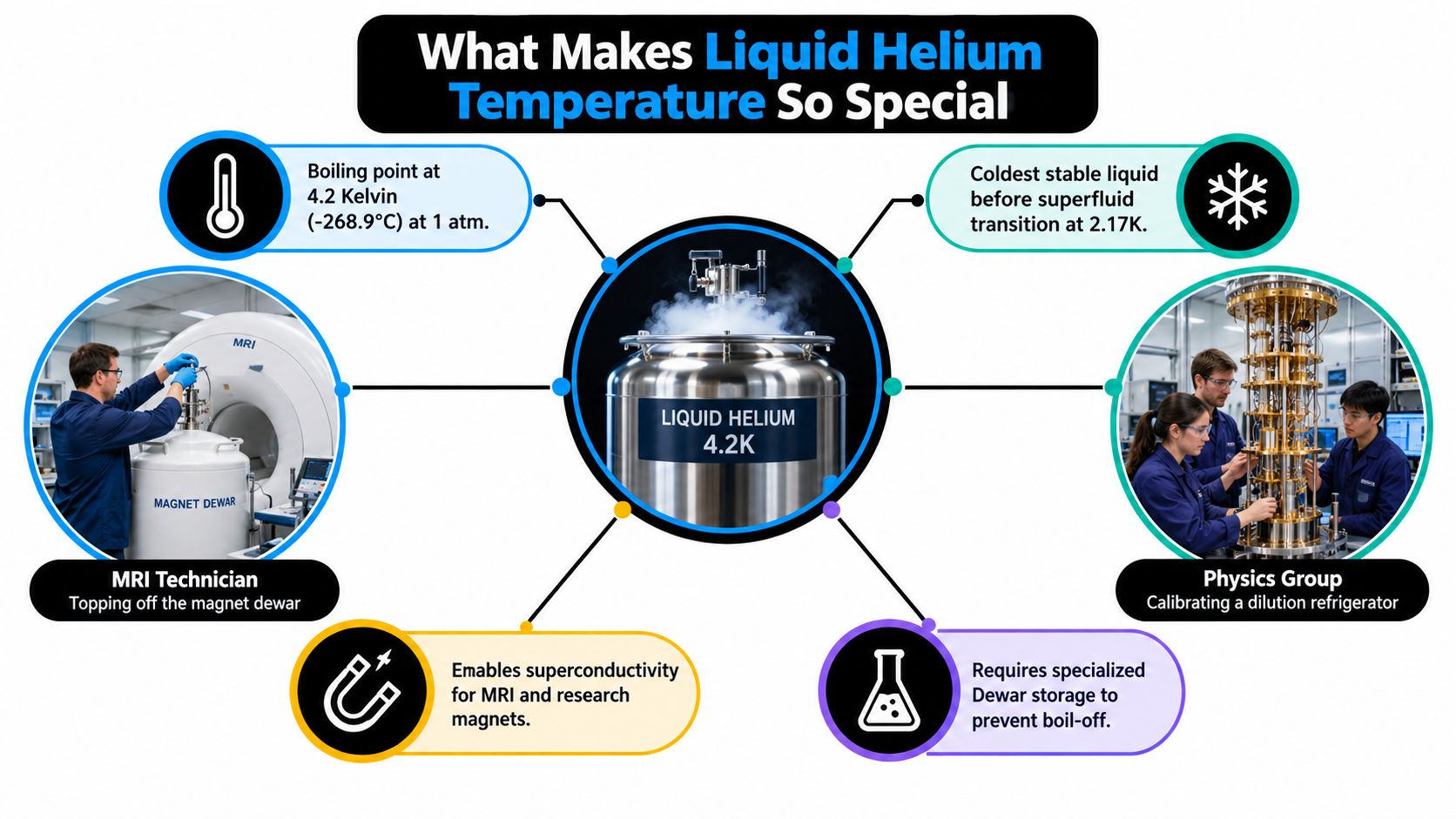 An infographic showing the unique properties and industrial applications of liquid helium at 4.2 Kelvin.
