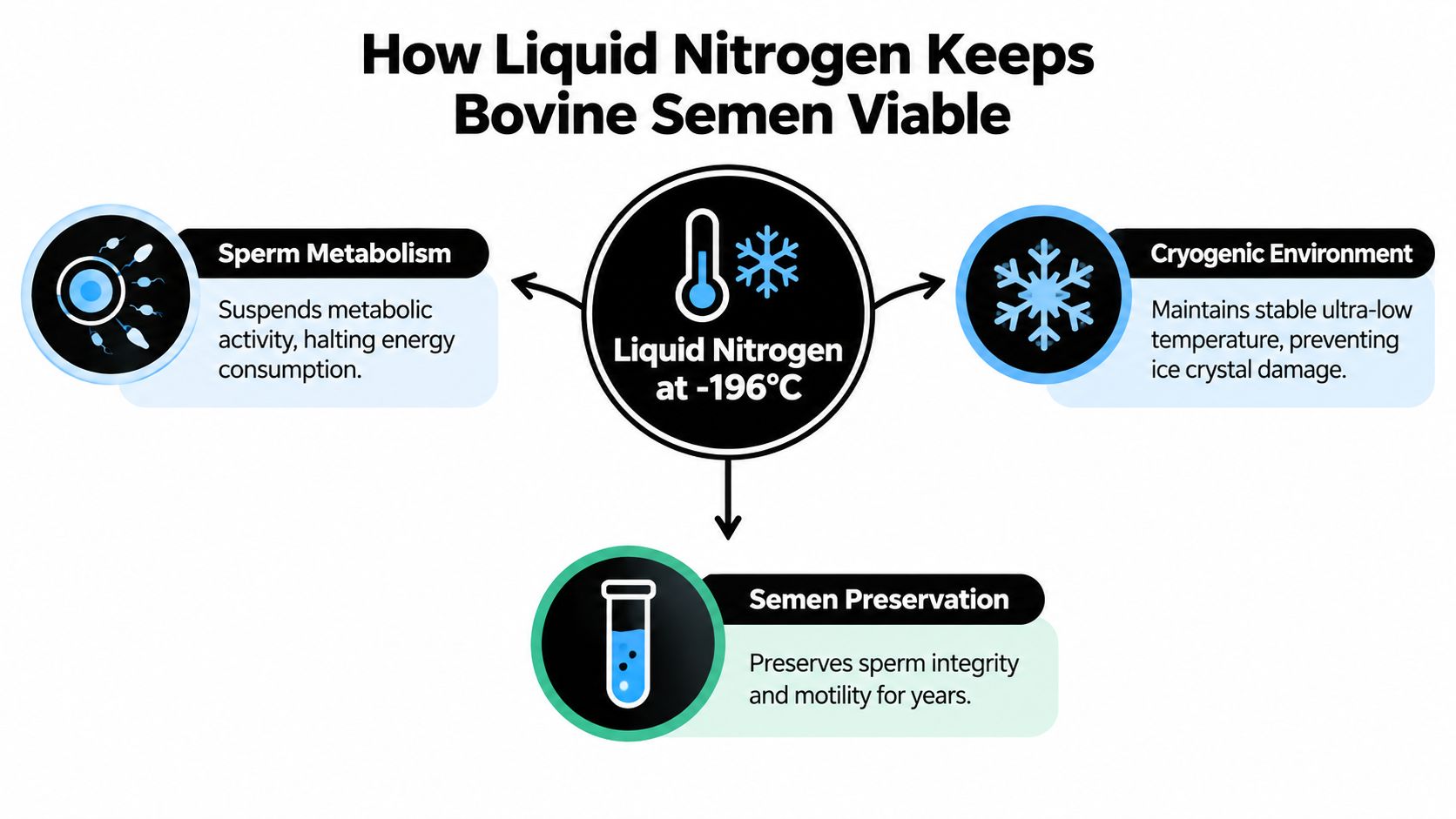 An infographic explaining how liquid nitrogen at -196°C preserves bovine semen by suspending metabolism and preventing damage.