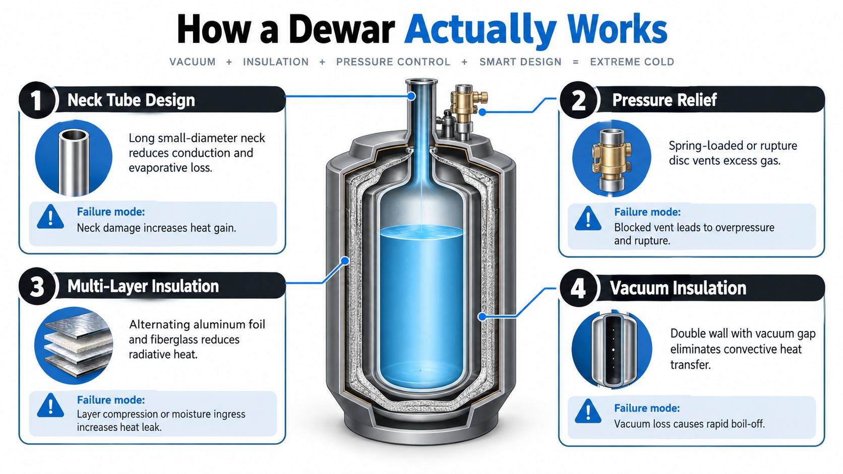 A diagram explaining how a cryogenic dewar functions using vacuum insulation, pressure relief, and multi-layer insulation.