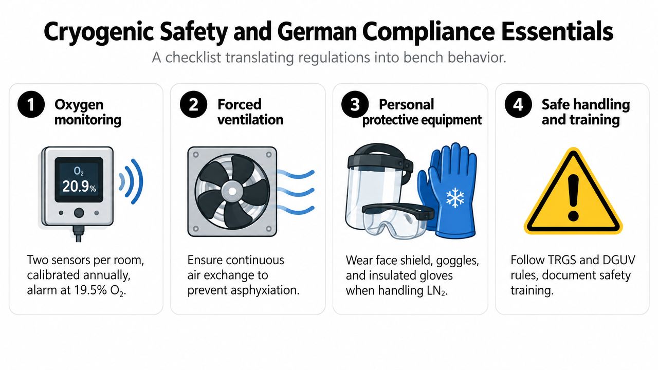 A safety checklist illustration outlining four essential protocols for handling cryogenic materials safely in laboratory environments.