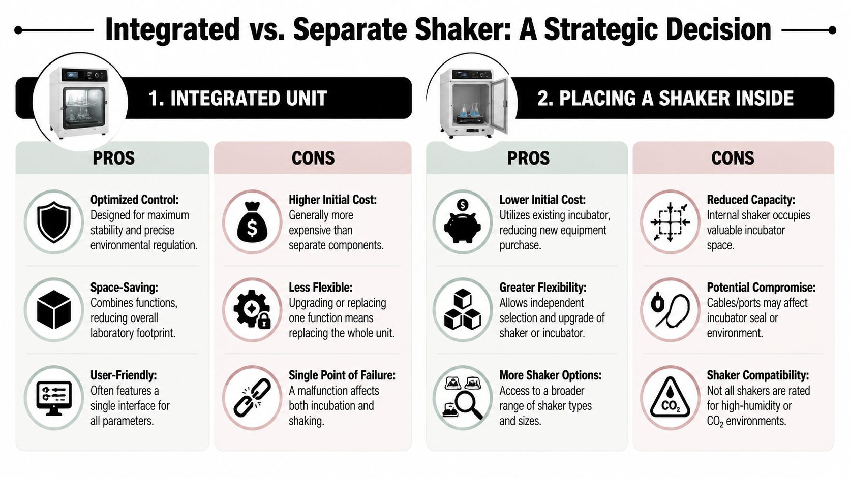 A comparison chart outlining the pros and cons of integrated incubator shakers versus placing separate shakers inside incubators.