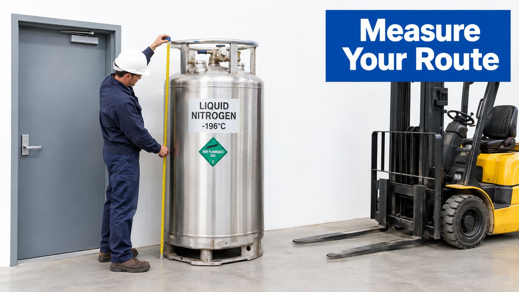 A technician measuring a large liquid nitrogen tank with a tape measure inside a warehouse facility.
