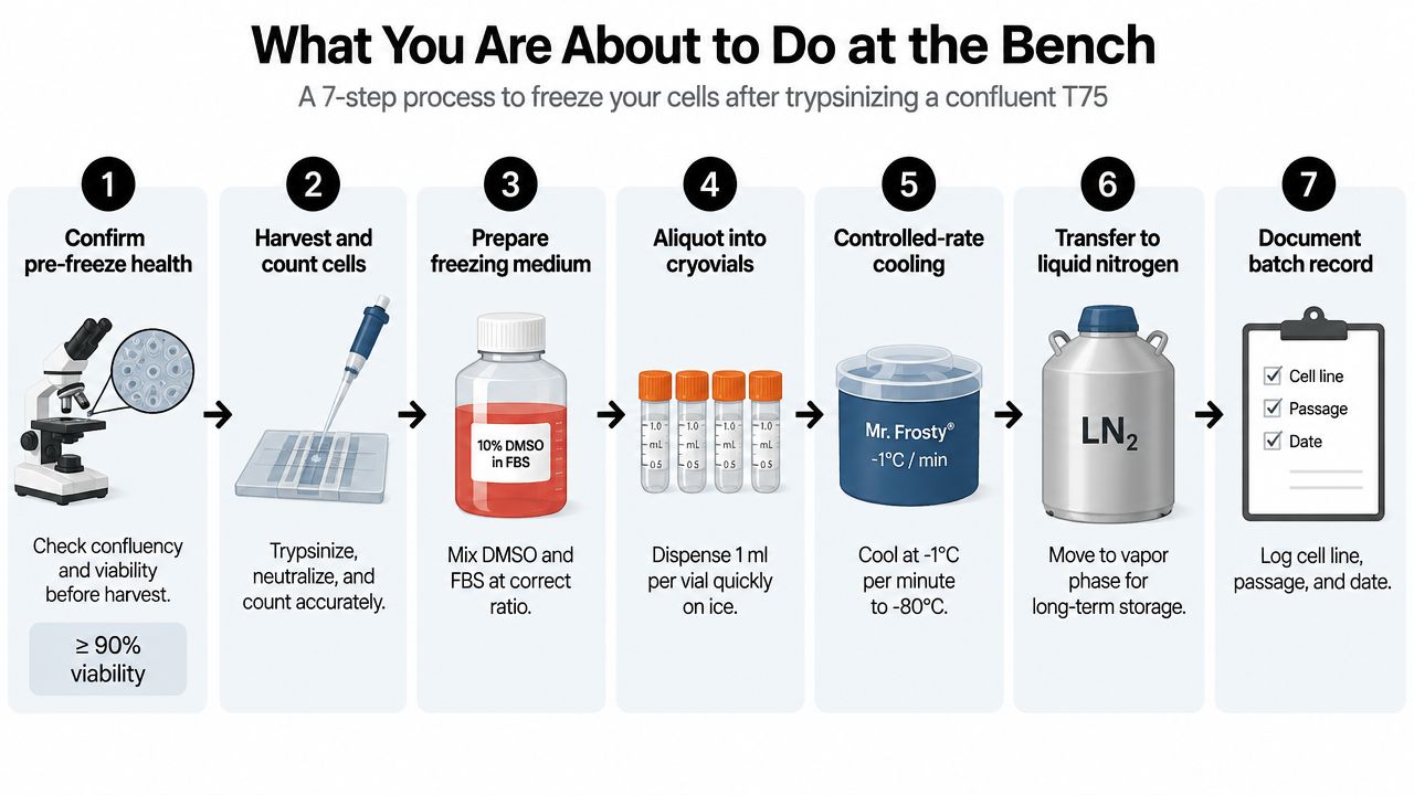 An illustrated seven-step laboratory guide on how to safely freeze and store cultured cell lines.