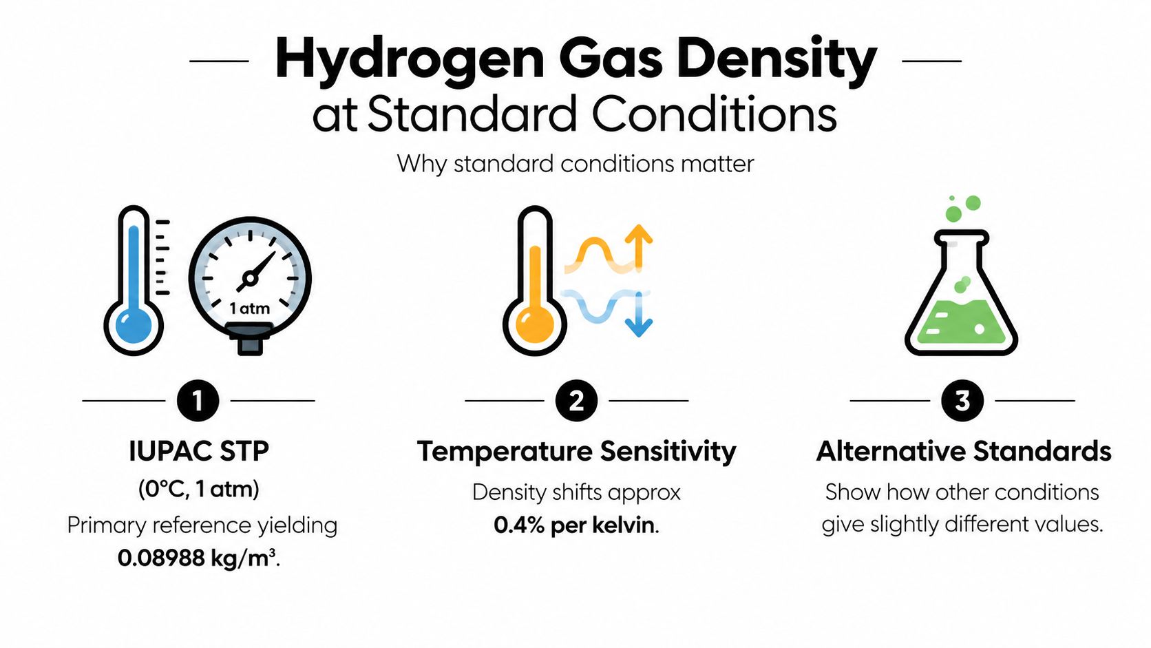 An infographic explaining hydrogen gas density and why standard measurement conditions like temperature and pressure matter.