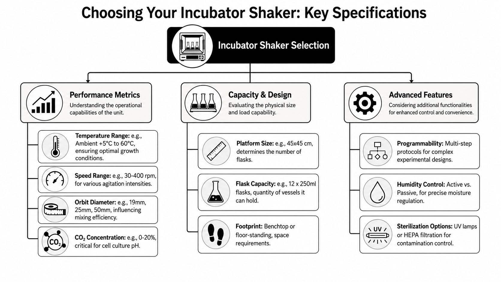 An infographic showing key specifications to consider when selecting an incubator shaker for laboratory use.