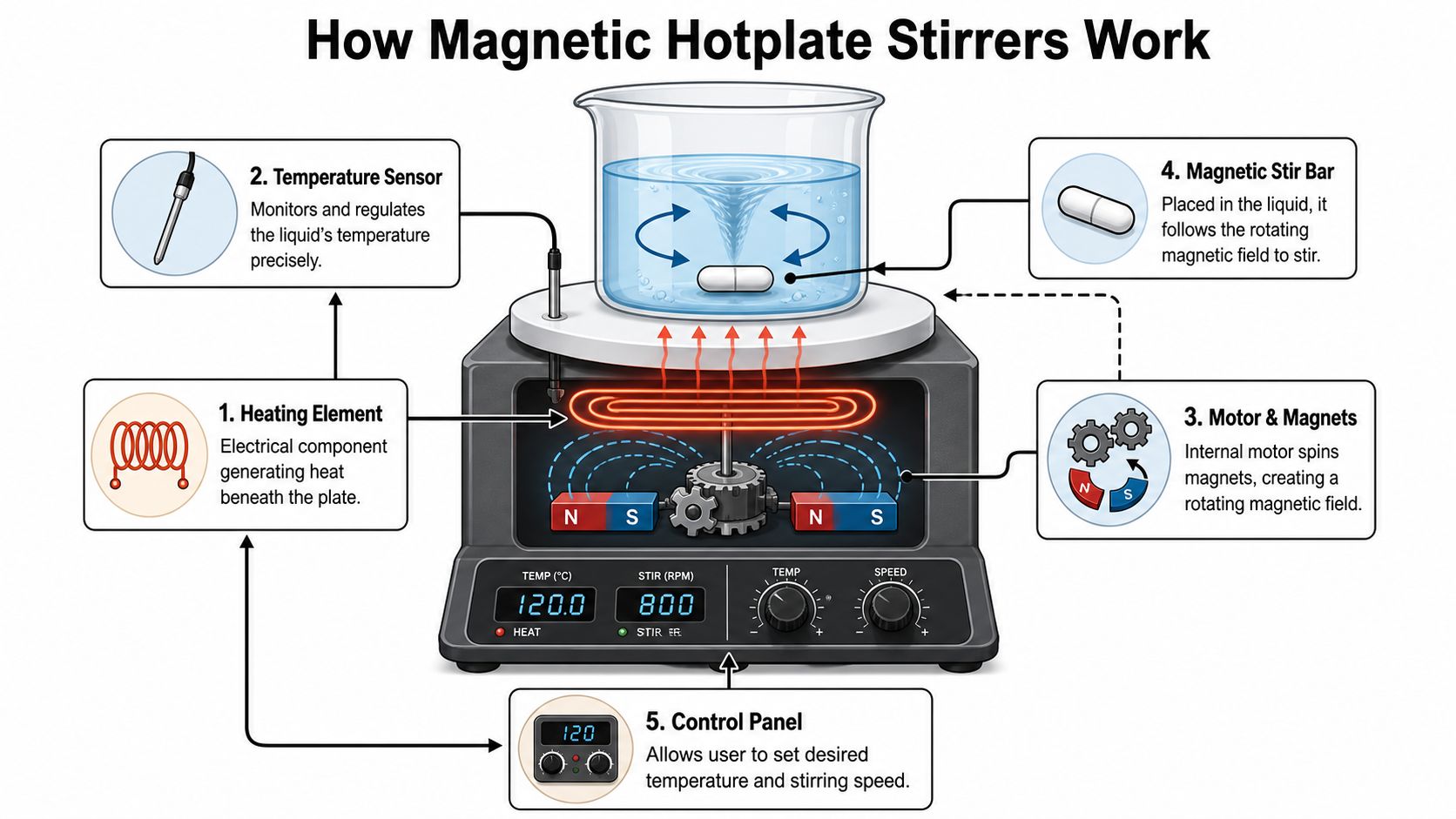 A diagram illustrating the components and internal working mechanism of a magnetic hotplate stirrer laboratory device.