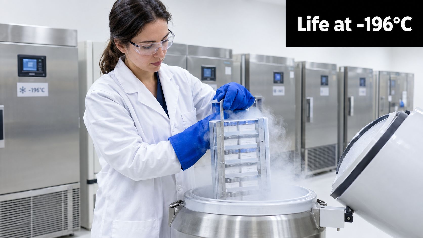A female scientist in a lab coat and safety goggles handles a cryogenic rack with smoking vapor.