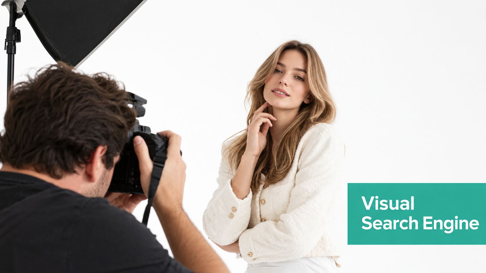A professional photographer taking a portrait photo of a woman in a white jacket in a studio.