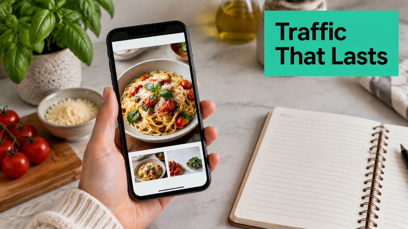 A hand holding a smartphone displaying pasta images next to a notebook and fresh cherry tomatoes