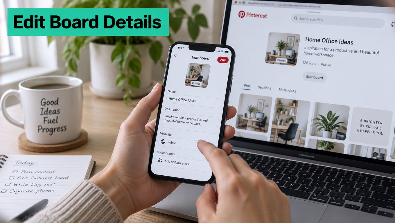 A person using a smartphone to edit Pinterest board details while sitting at a productive desk.