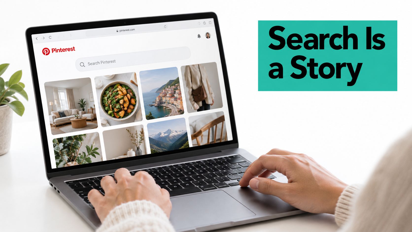 A person using a laptop to browse Pinterest images on a desk, highlighting visual search functionality.