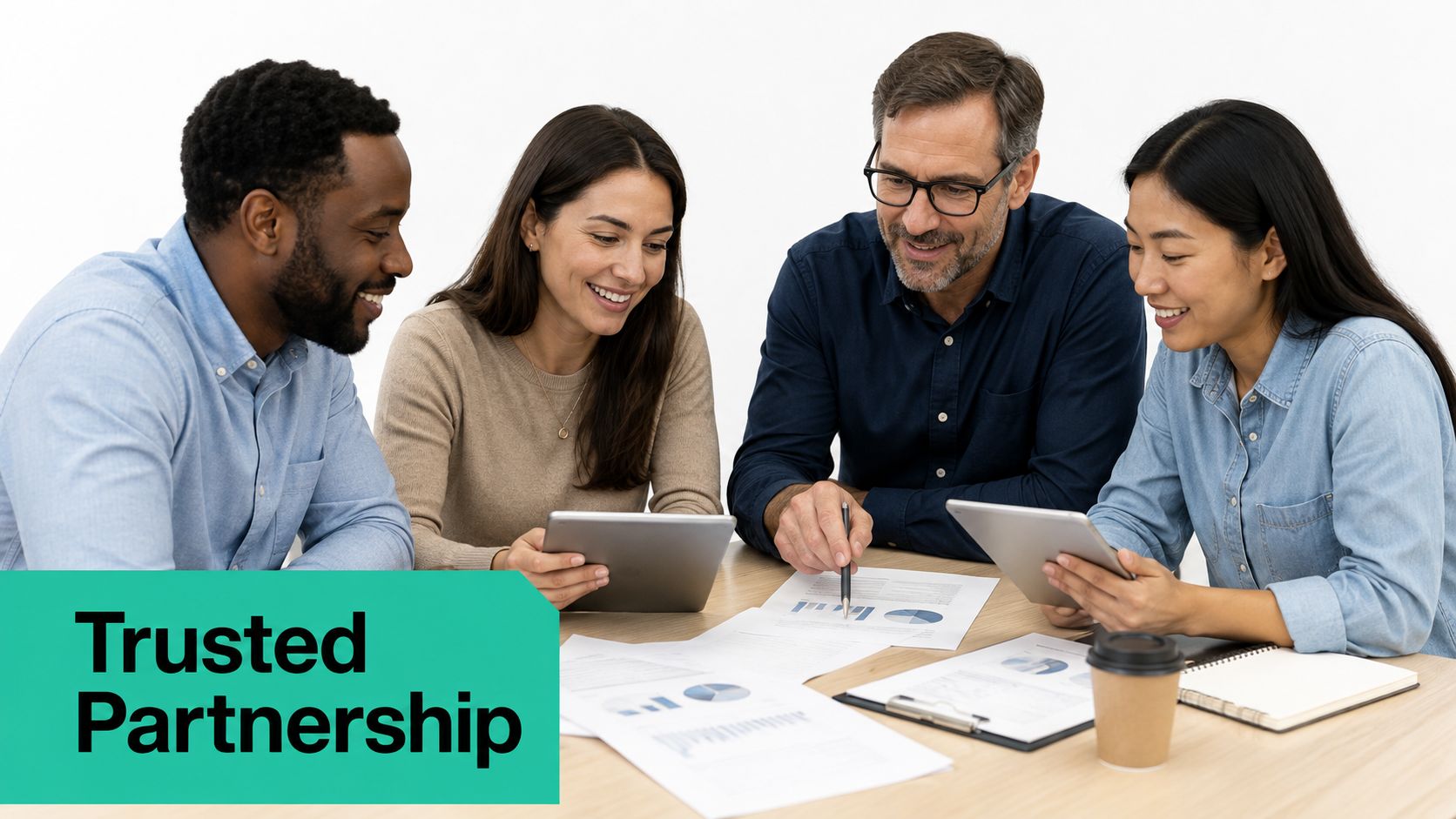 A diverse team of professionals collaborating around a table while analyzing business documents and digital tablets together.
