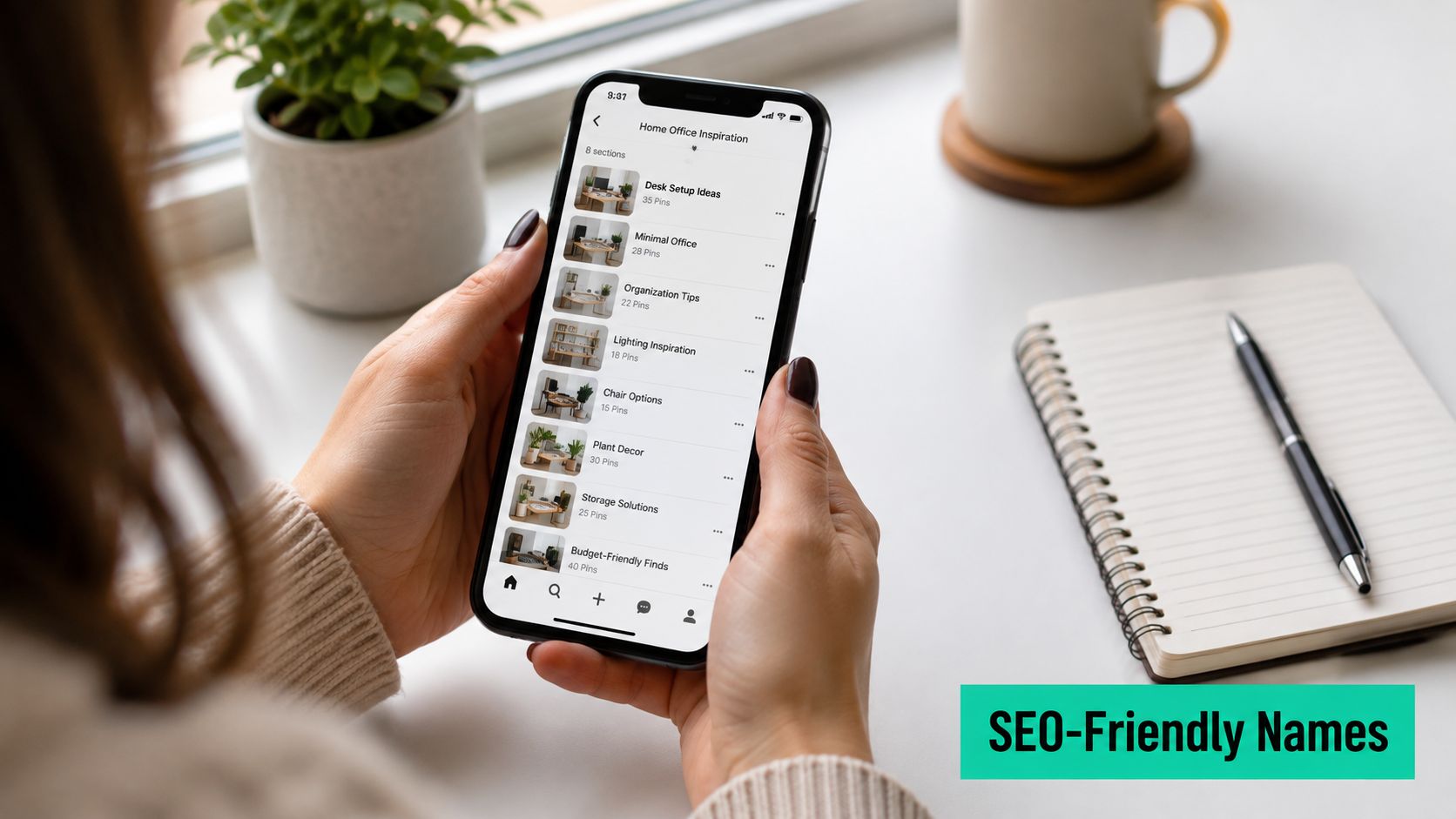 A person holding a smartphone showing Pinterest board sections for home office inspiration on a desk.
