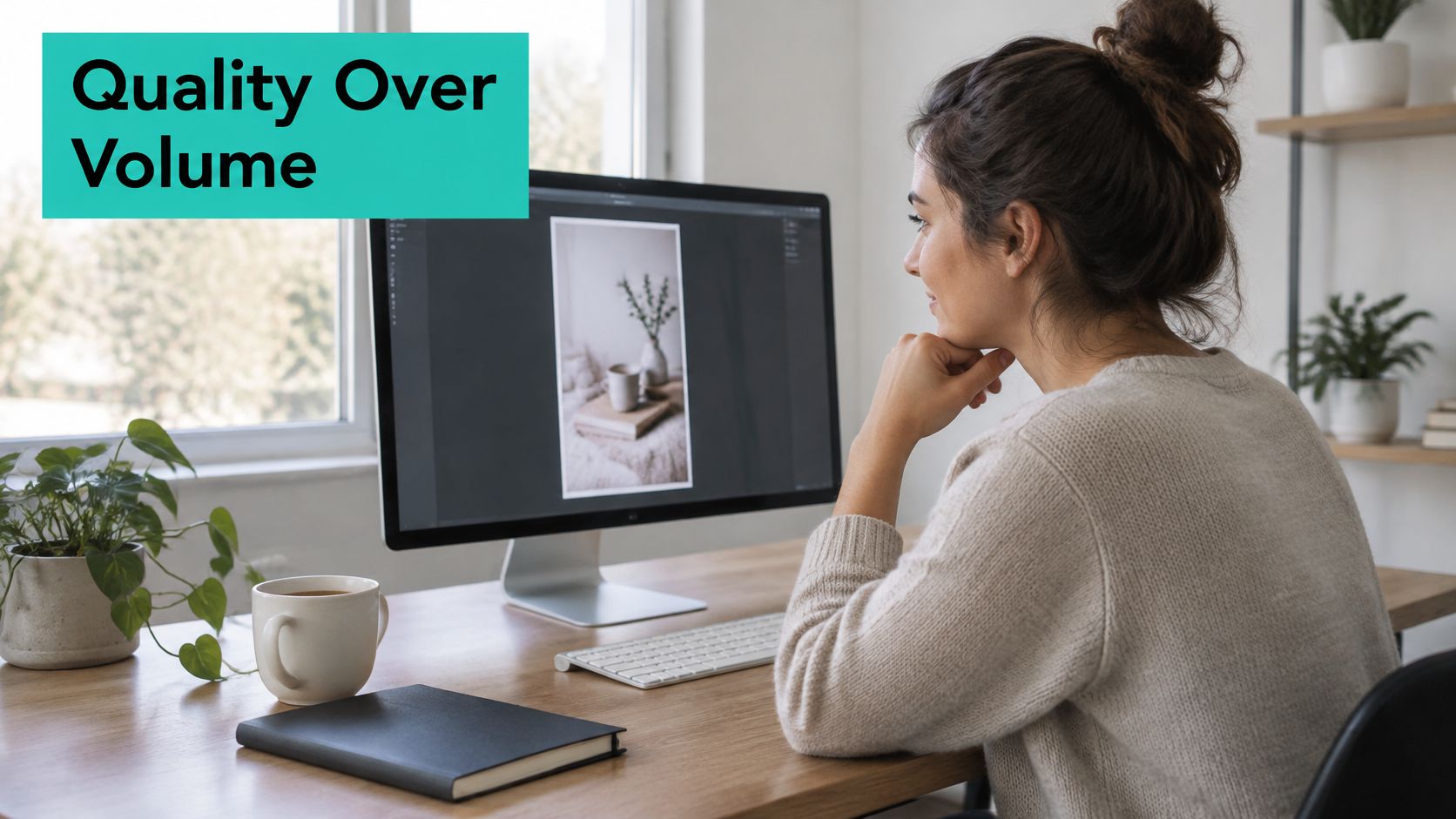A woman working on a computer screen while sitting at a desk with a coffee mug.