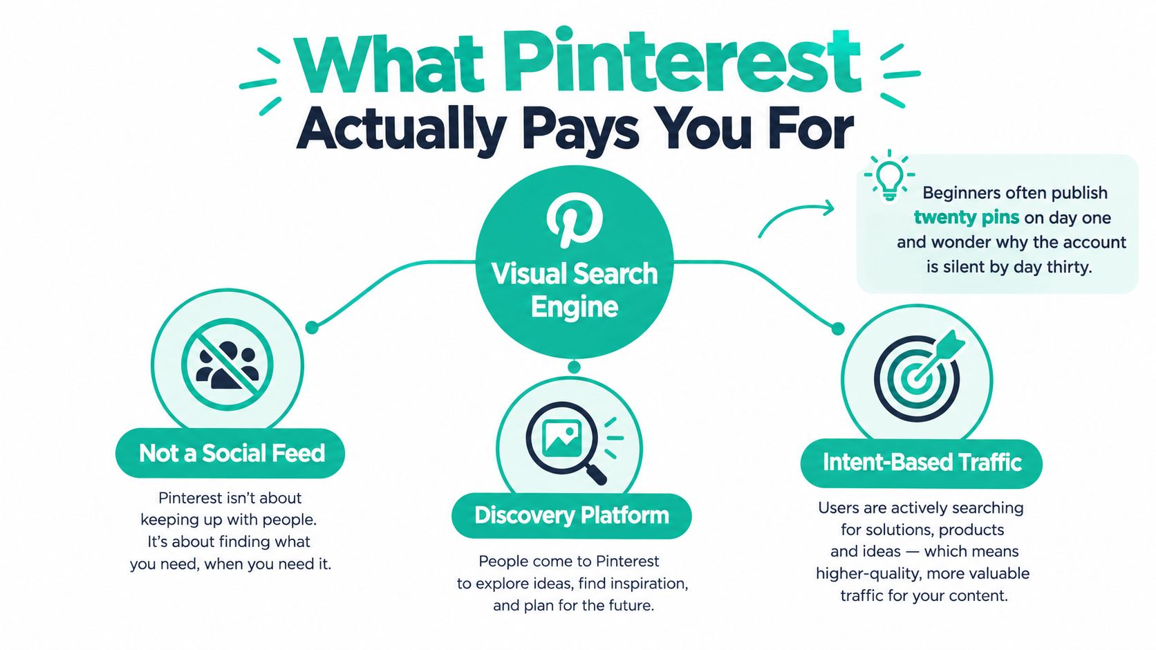 An infographic explaining that Pinterest is a visual search engine, discovery platform, and source of intent-based traffic.