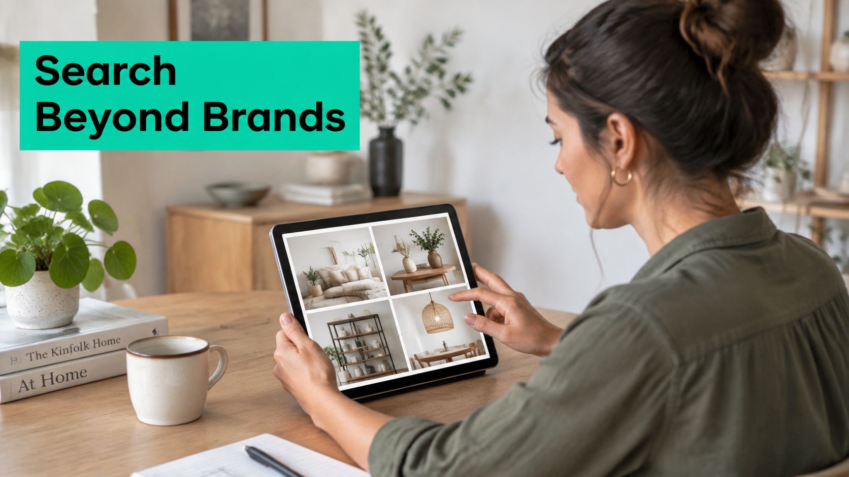 A woman using a tablet to browse interior design inspiration images for home styling and decorating ideas.