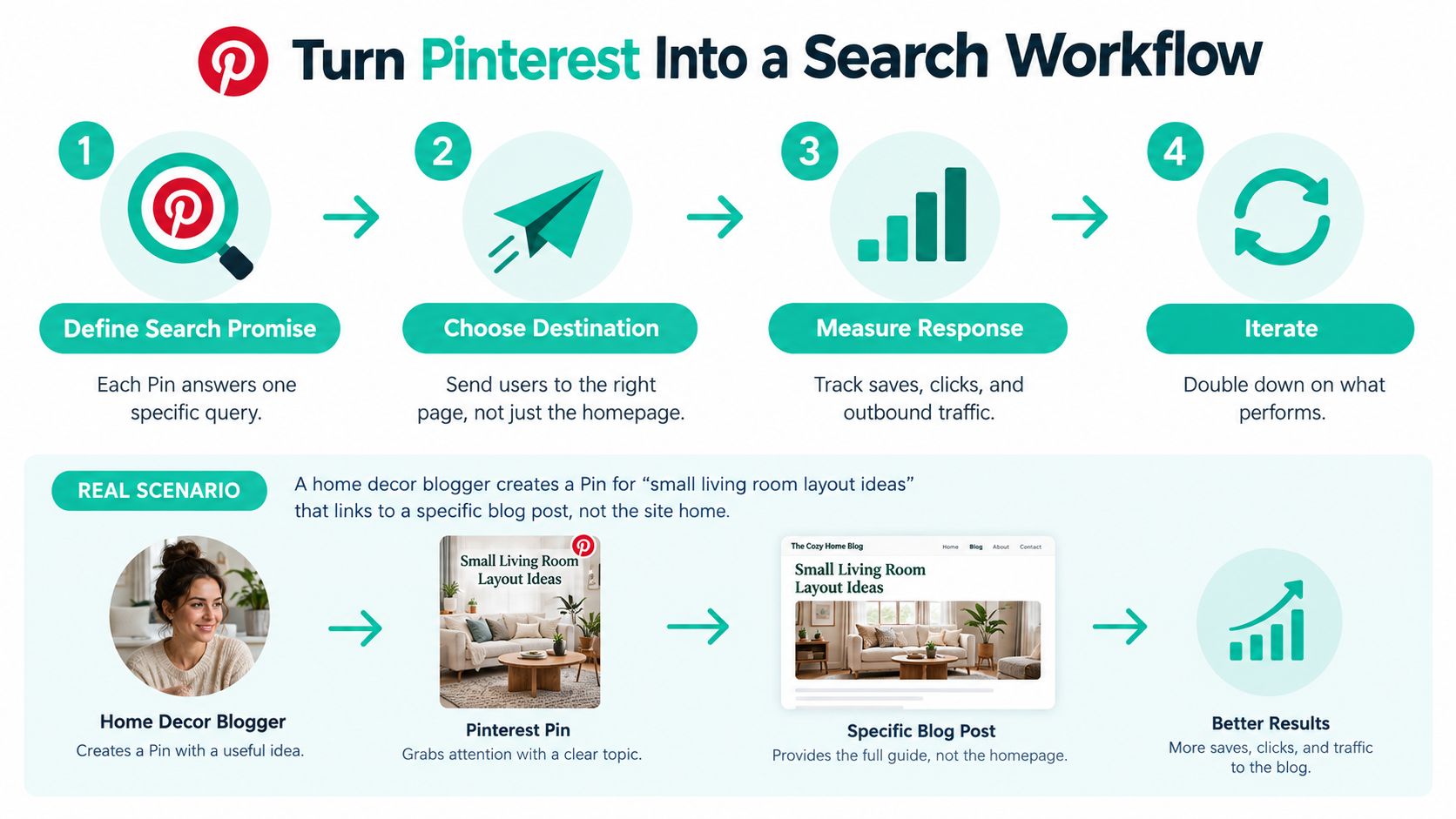 An infographic showing a four-step workflow for optimizing Pinterest for search and driving website traffic.