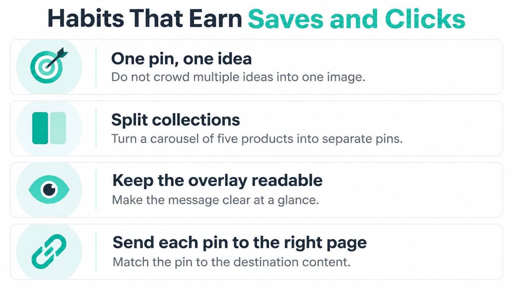 An infographic titled Habits That Earn Saves and Clicks, showing four tips for successful Pinterest marketing.