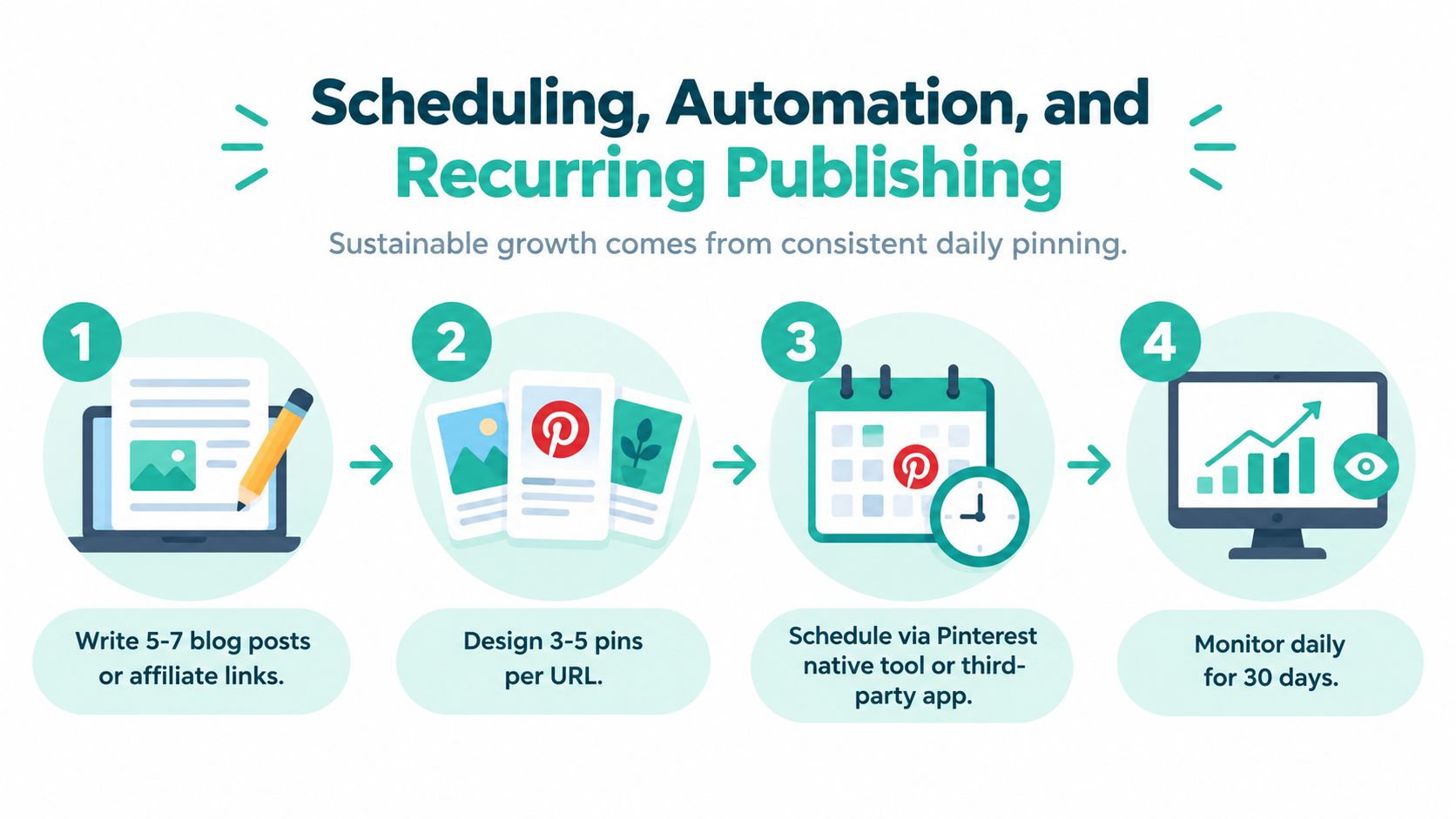 An infographic showing a four-step process for scheduling, automating, and recurring publishing for Pinterest marketing success.