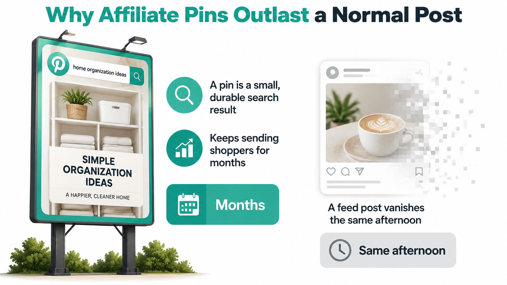 A comparison showing why Pinterest pins have a longer lifespan than temporary social media feed posts.
