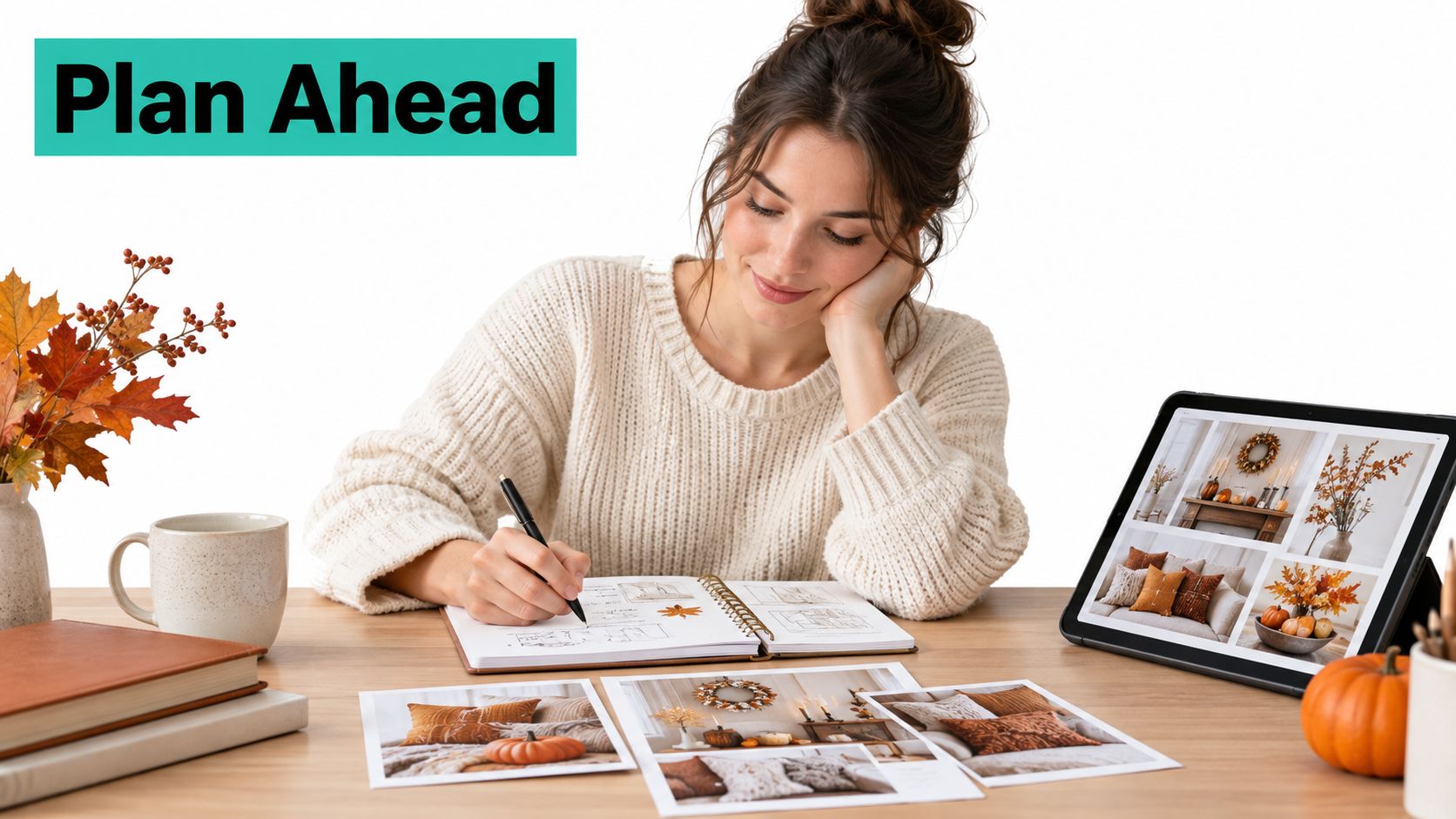 A woman sketching interior decor ideas on a notebook surrounded by fall-themed photos and a tablet.