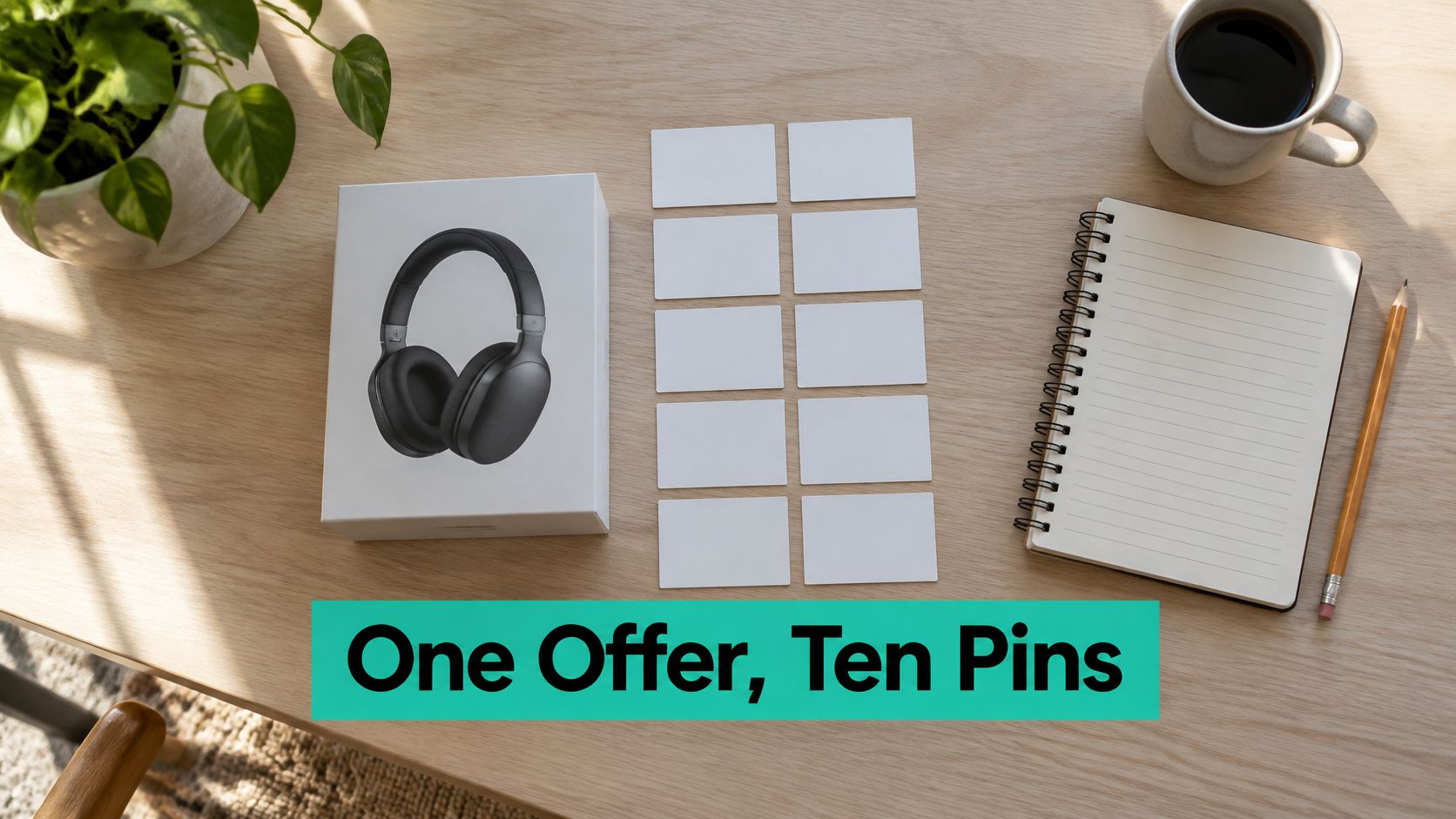 A top-down view of a desk featuring headphones, ten blank cards, a notebook, and a coffee mug.