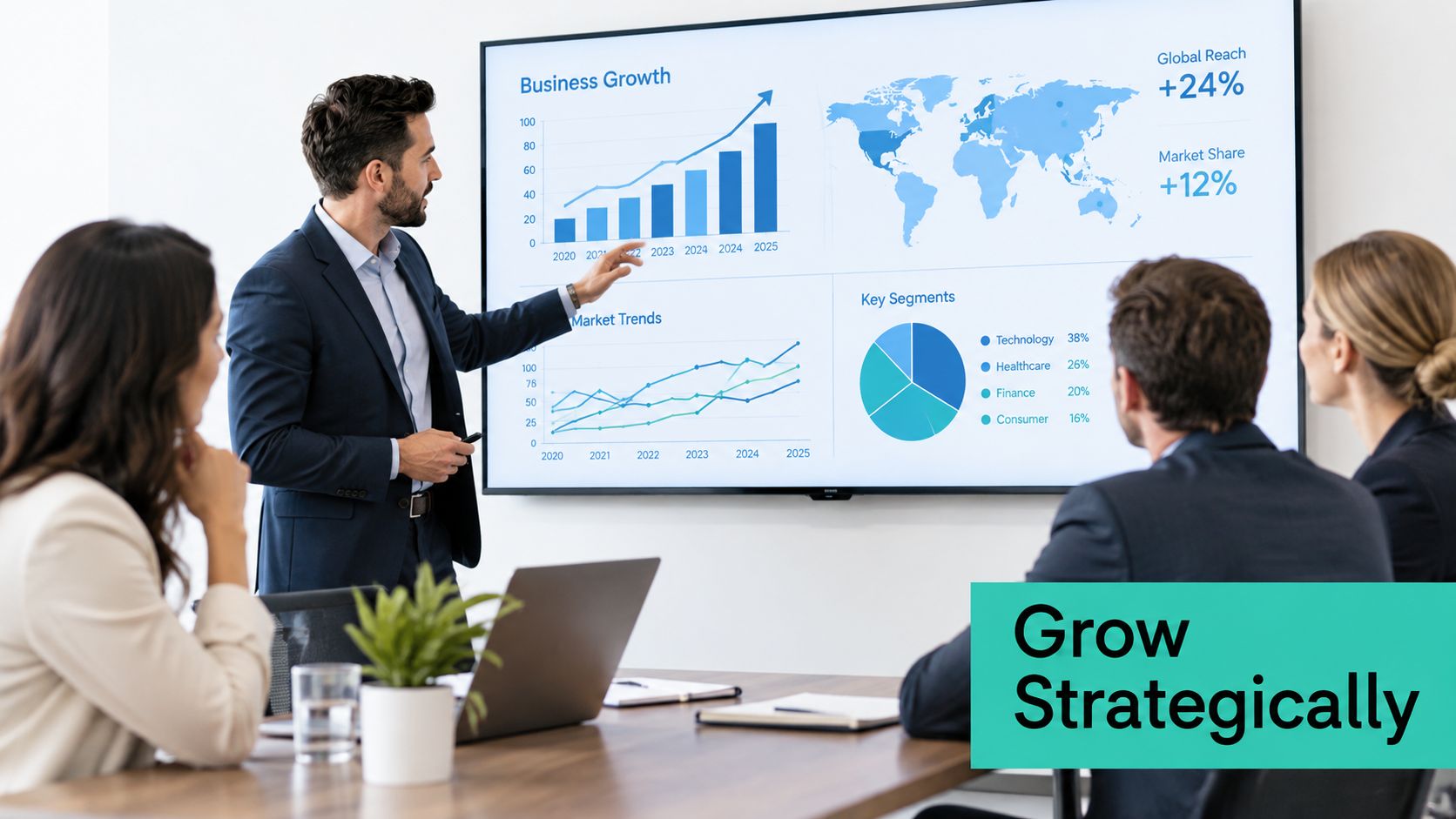 A professional man presents business growth charts and data analytics to a team in a boardroom.