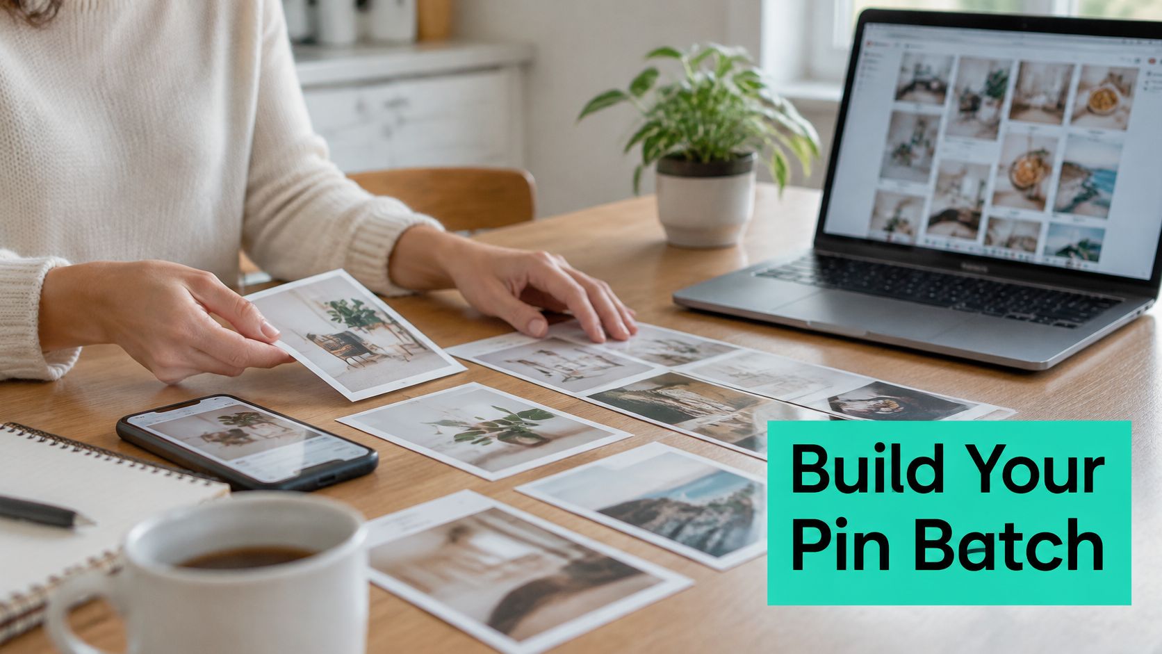 A person organizing printed photos on a wooden desk next to a laptop and a coffee mug.