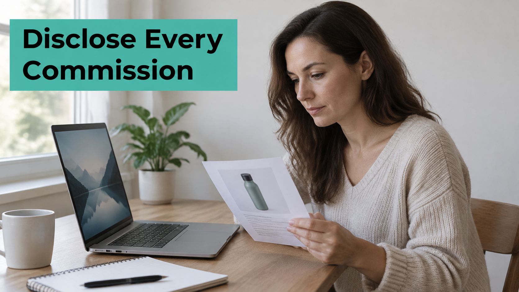 A woman reviewing a document featuring a reusable bottle while sitting at her laptop in a home office.