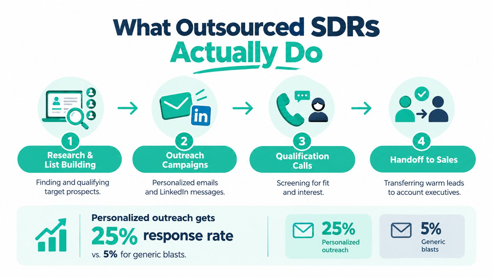 A four-step infographic showing the workflow of outsourced SDRs: research, outreach, qualification, and handoff to sales.