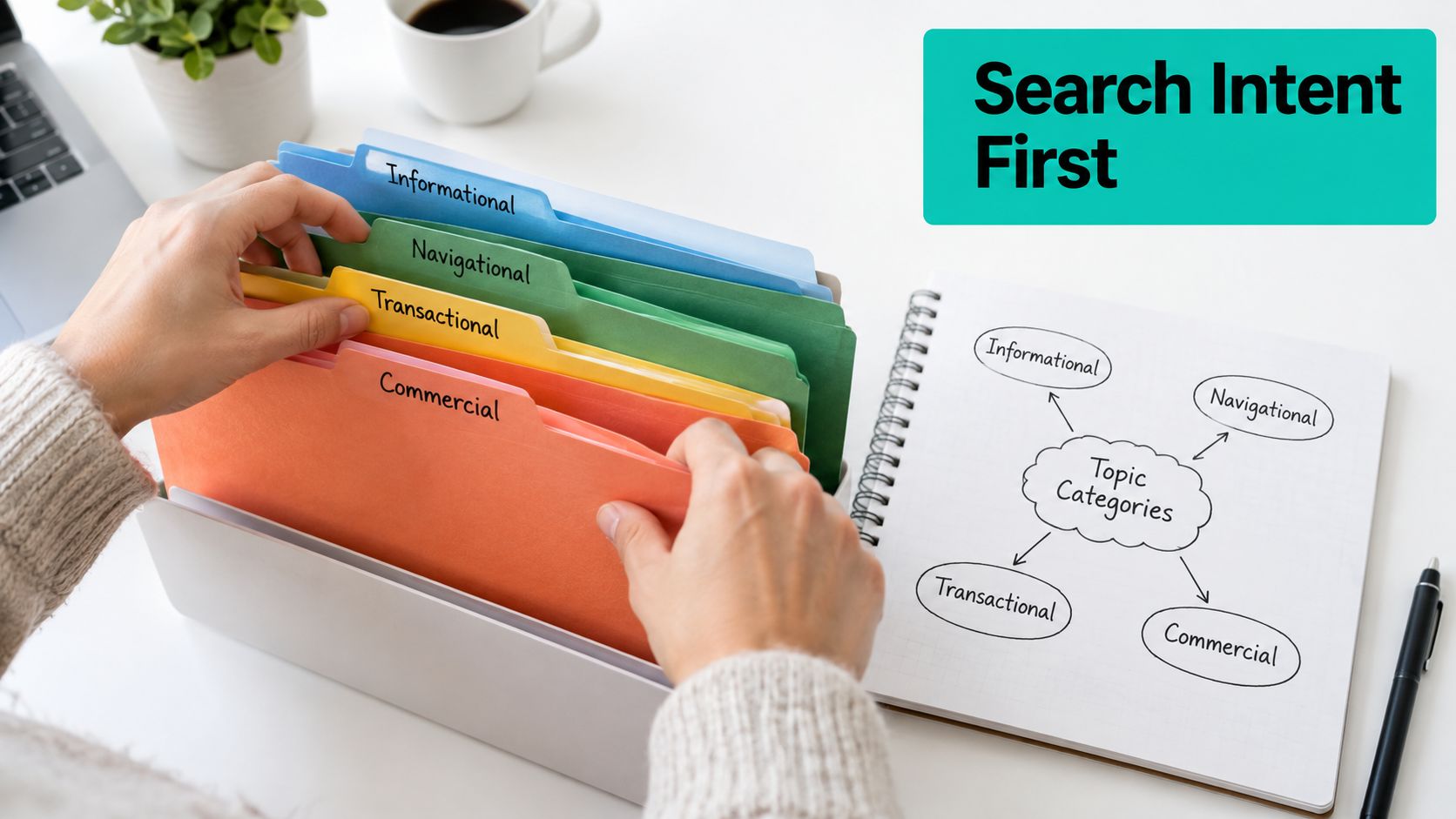 A person organizing file folders labeled with search intent categories next to a diagram in a notebook.