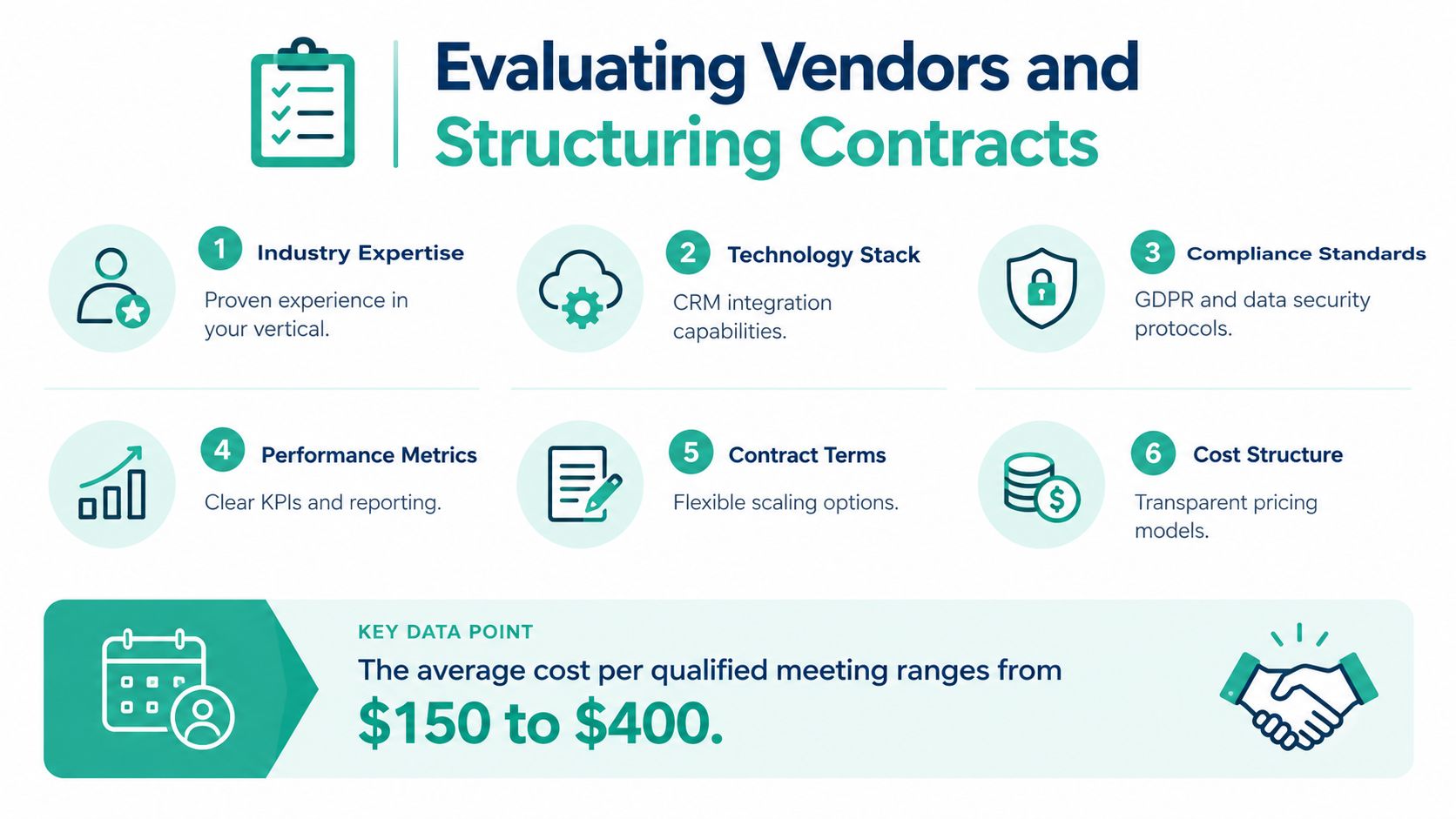 A strategic infographic outlining six key steps for evaluating vendors and structuring B2B sales contracts.