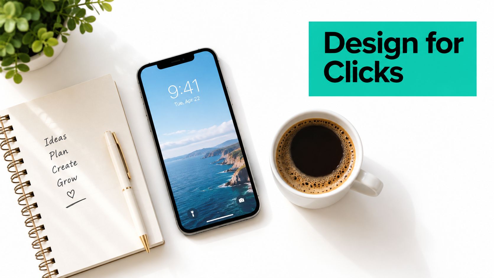 A minimalist desk setup with a smartphone, notebook, and coffee, highlighting a professional design concept.