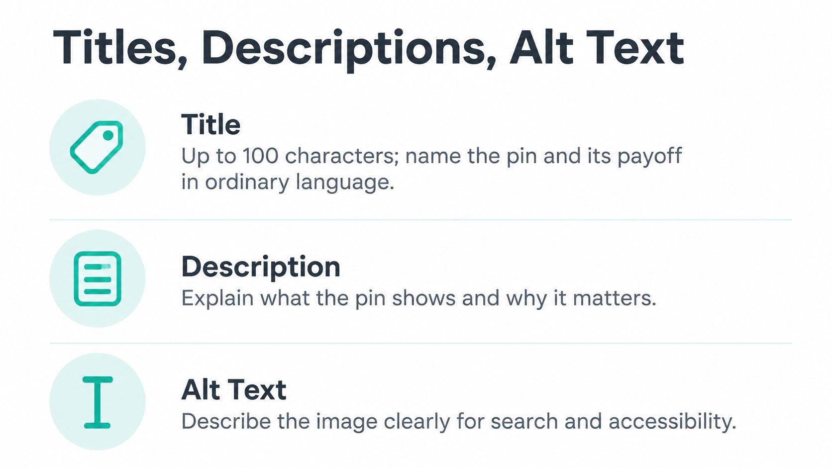 A graphic explaining the importance of using titles, descriptions, and alt text for Pinterest pins.