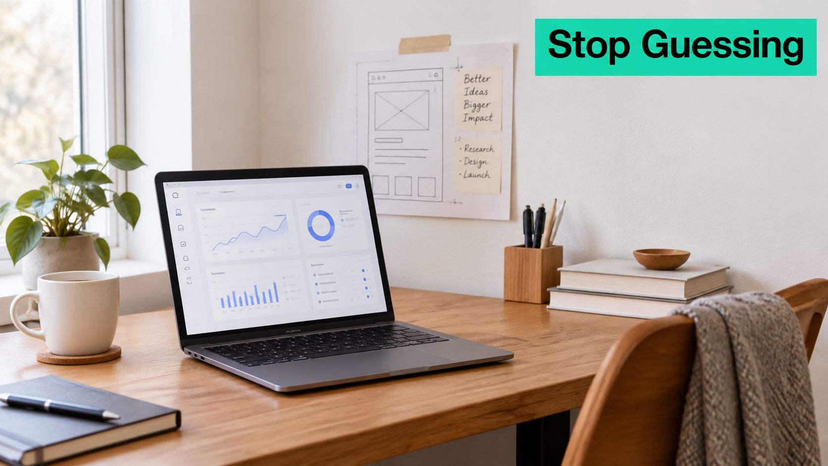A clean home office setup with a laptop displaying data charts on a wooden desk by a window.