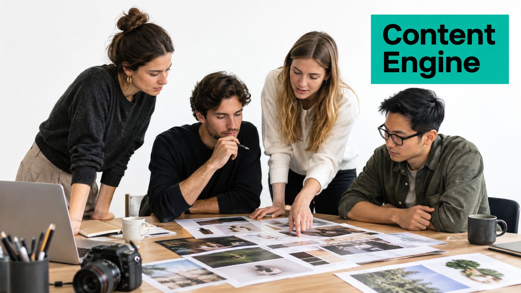 A professional creative team reviews marketing photography prints on a wooden table during a collaborative strategy meeting.