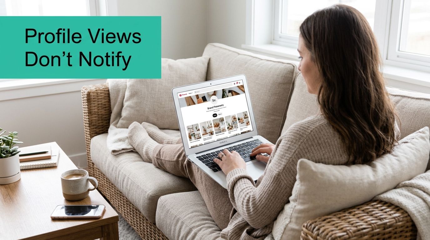 A young woman sitting on a comfortable sofa and browsing a Pinterest profile on her laptop.