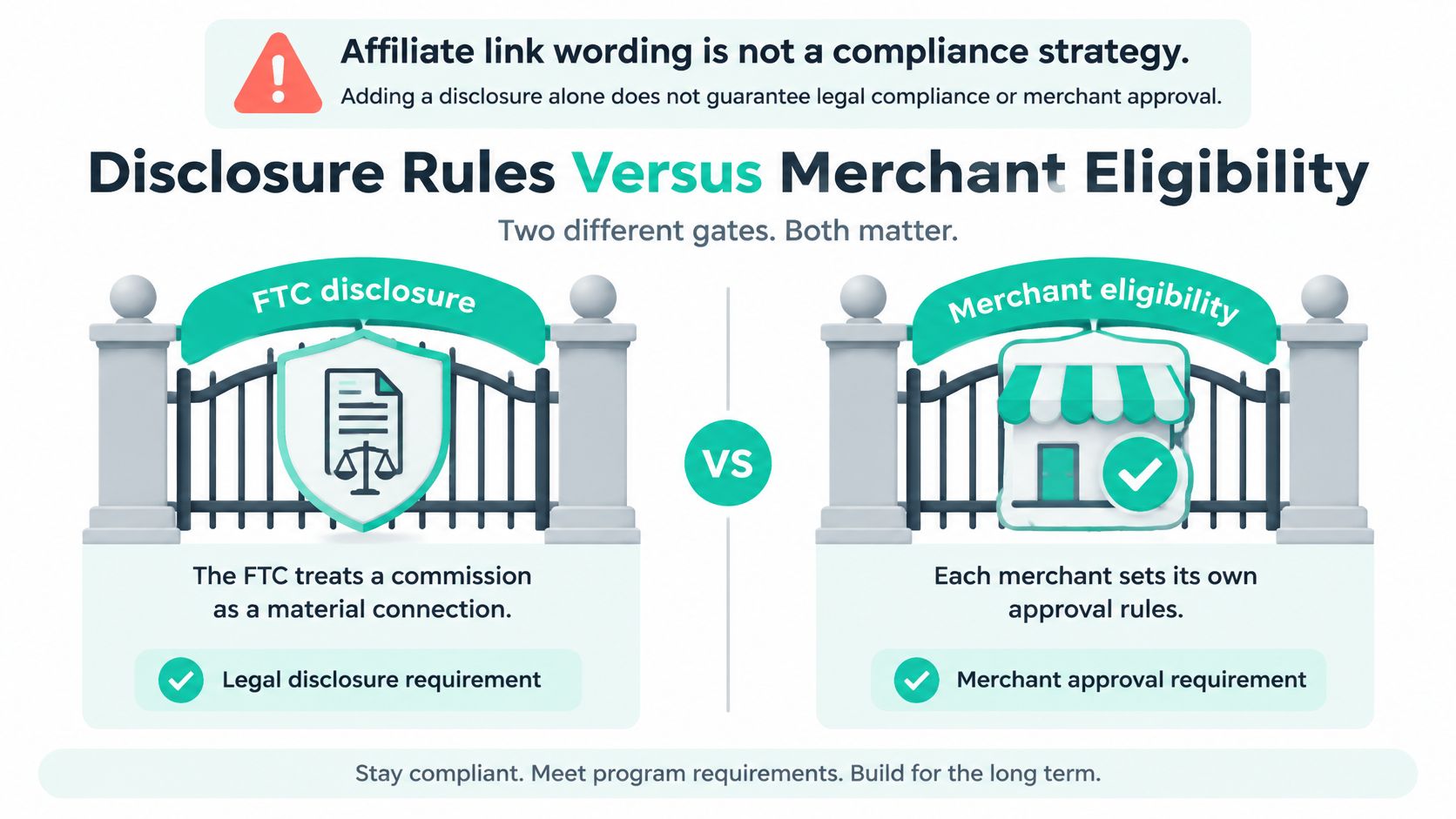 A diagram contrasting FTC legal disclosure requirements with merchant-specific approval rules for affiliate marketing compliance.