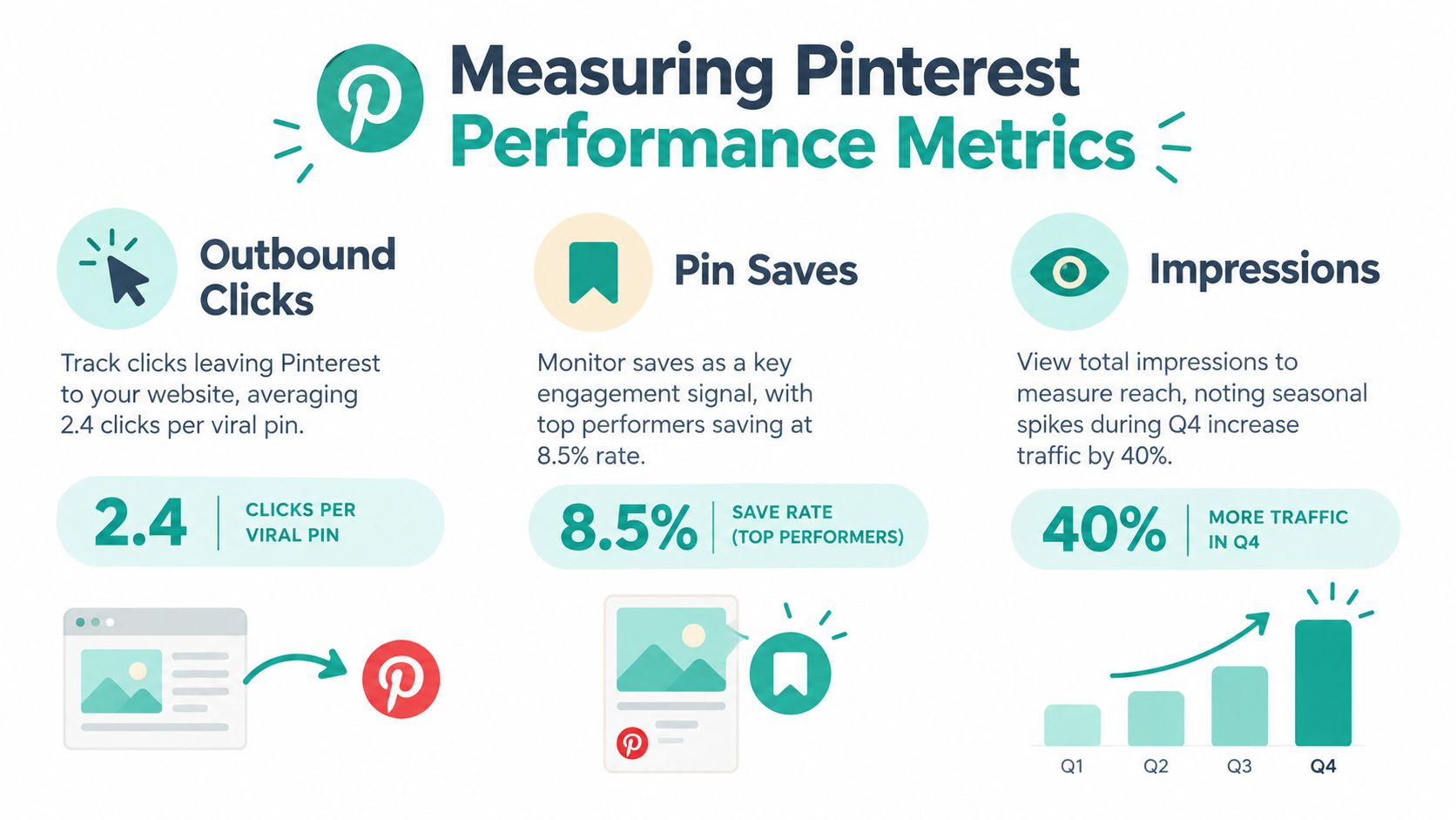 An infographic titled Measuring Pinterest Performance Metrics displaying key engagement statistics for Pinterest marketing strategies.