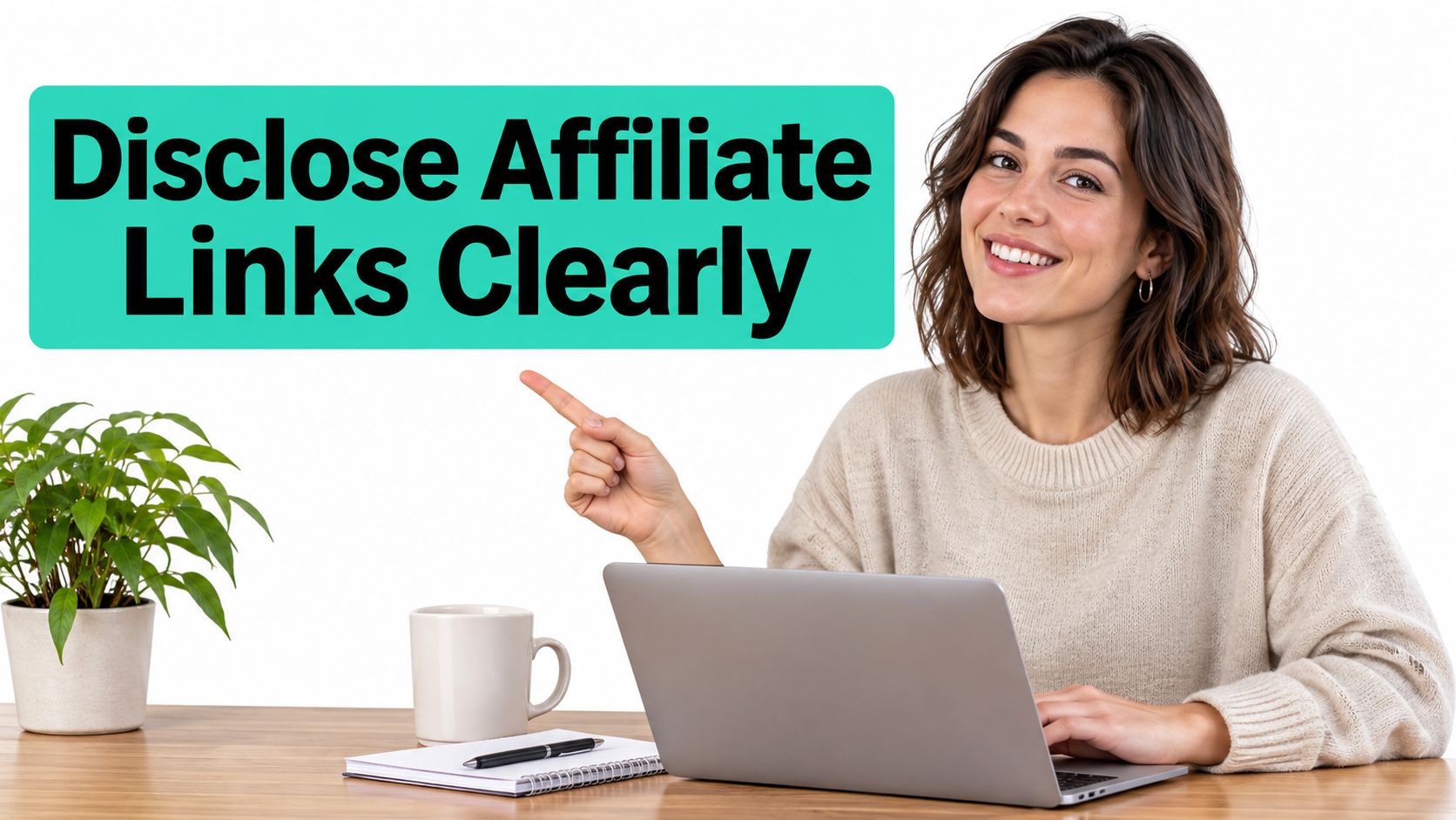 A smiling woman pointing to a sign that says Disclose Affiliate Links Clearly while using a laptop.
